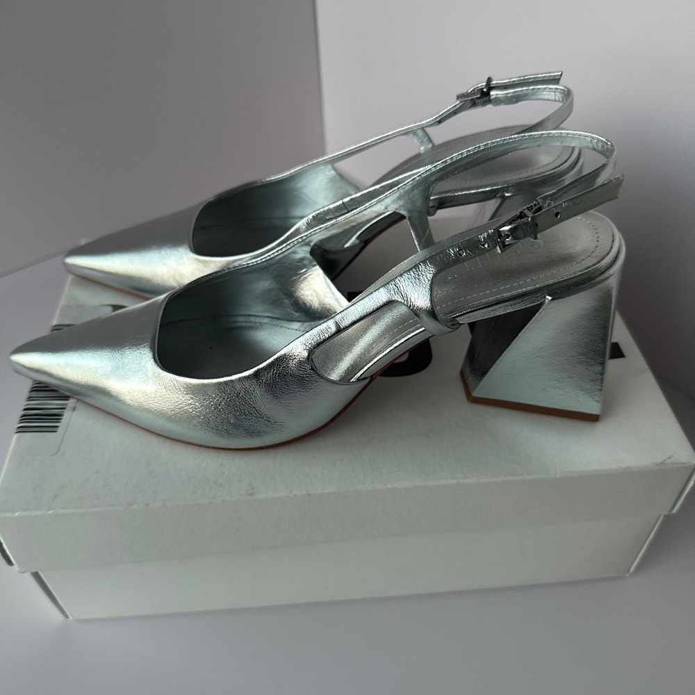 SCHUTZ Shiny Silver Pointed Slingback Heels - Picture 7 of 10